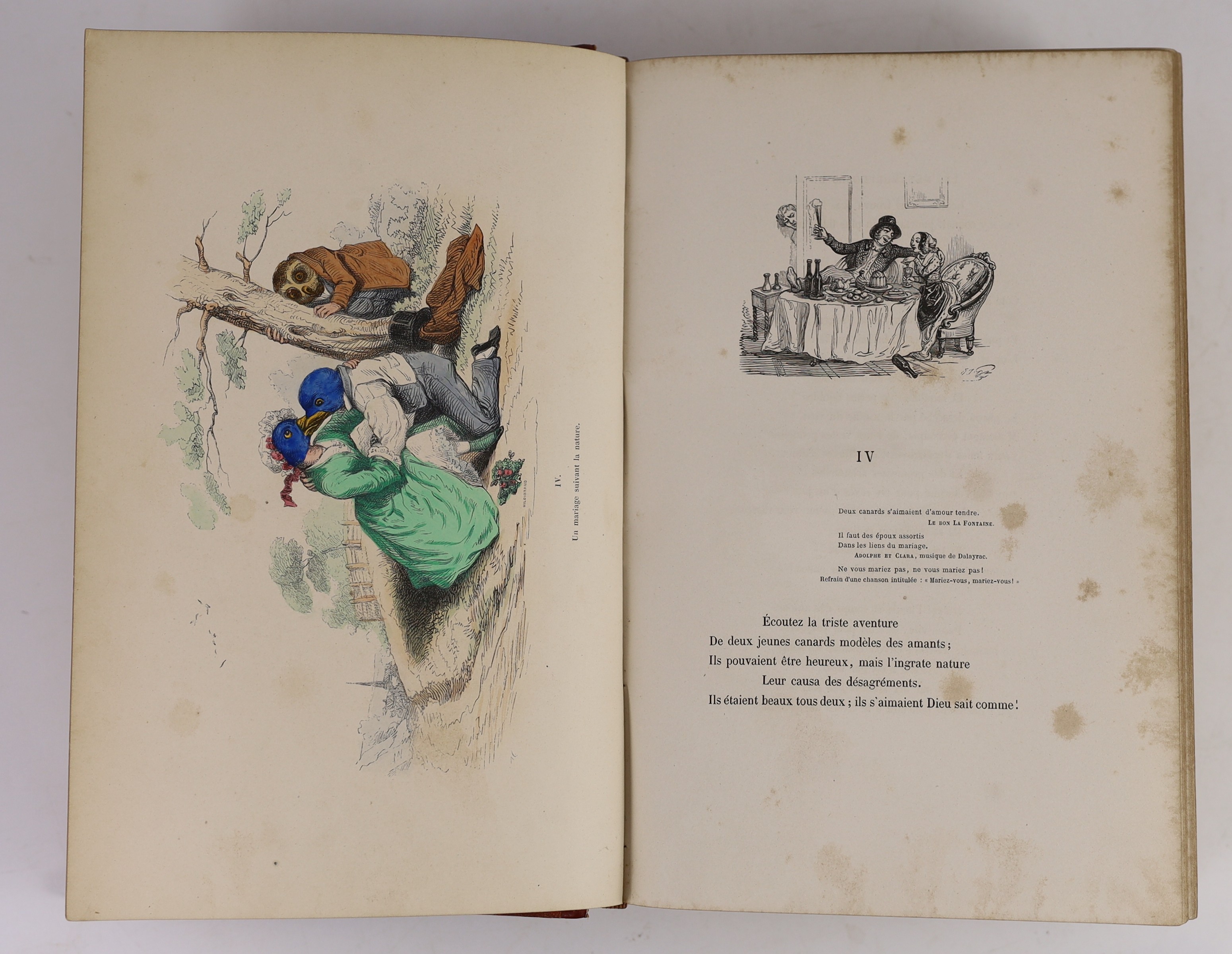 Grandville, J.I.I.G - La Metamorphoses du Jour par Grandville, 4to, quarter morocco gilt, with coloured frontis and 70 plates, occasional spotting throughout, Garnier Freres, Paris, 1869